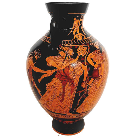 Red figure Panathenaic Amphora 31cm,God Dionysus with Manaed and Satyrs - ifigeneiaceramics