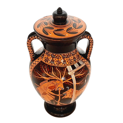 Red figure Pottery Amphora with lid 19,5cm,Hercules and Cerberus - ifigeneiaceramics