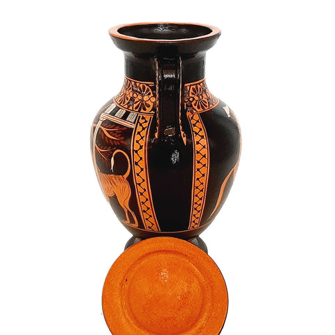 Red figure Pottery Amphora with lid 19,5cm,Hercules and Cerberus - ifigeneiaceramics