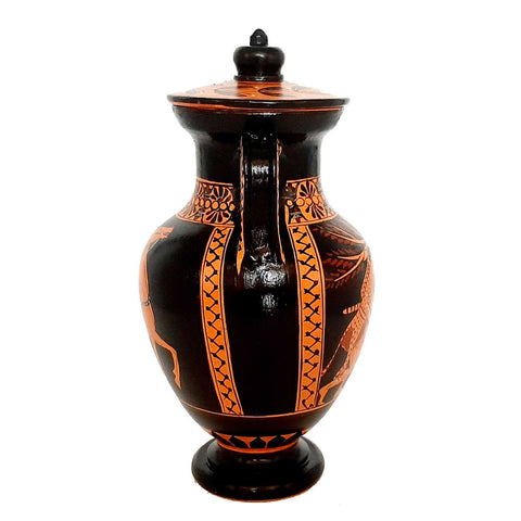 Red figure Pottery Amphora with lid 19,5cm,Hercules and Cerberus - ifigeneiaceramics