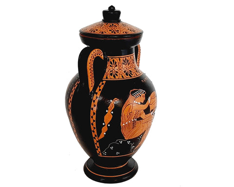 Red figure Pottery Amphora with lid 24cm, Achilles Patroclus,Pandora