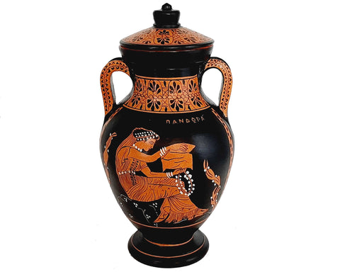 Red figure Pottery Amphora with lid 24cm, Achilles Patroclus,Pandora