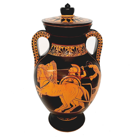 Red figure Pottery Amphora with lid 24cm, battlefield scenes from Trojan War