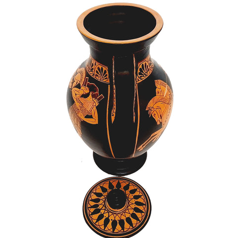 Red figure Pottery Amphora with lid 24cm, battlefield scenes from Trojan War