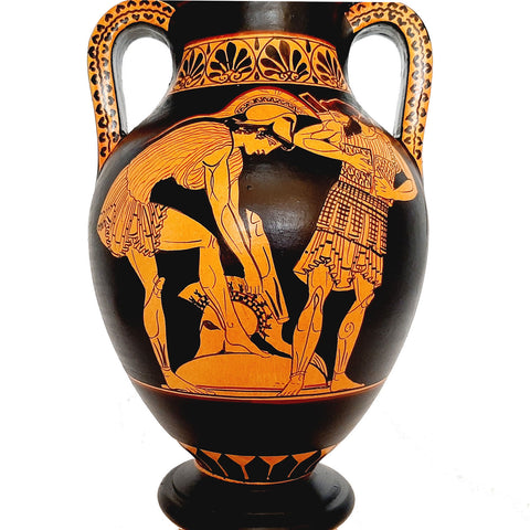 Red figure Pottery Amphora with lid 24cm, battlefield scenes from Trojan War