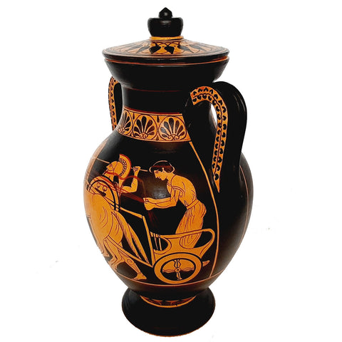 Red figure Pottery Amphora with lid 24cm, battlefield scenes from Trojan War