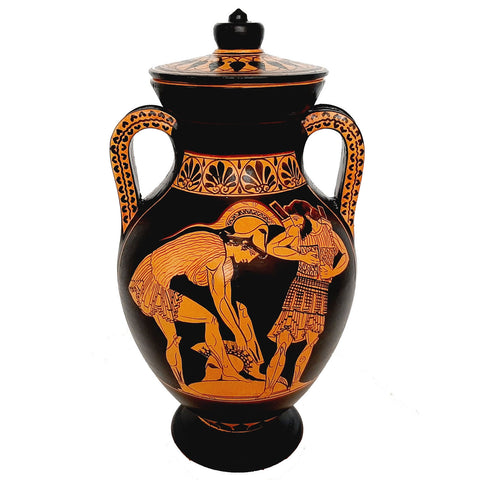 Red figure Pottery Amphora with lid 24cm, battlefield scenes from Trojan War