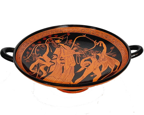 Red figure Pottery Kylix 20cm,God Dionysus with dancing Satyrs