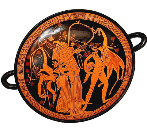 Red figure Pottery Kylix 20cm,God Dionysus with dancing Satyrs