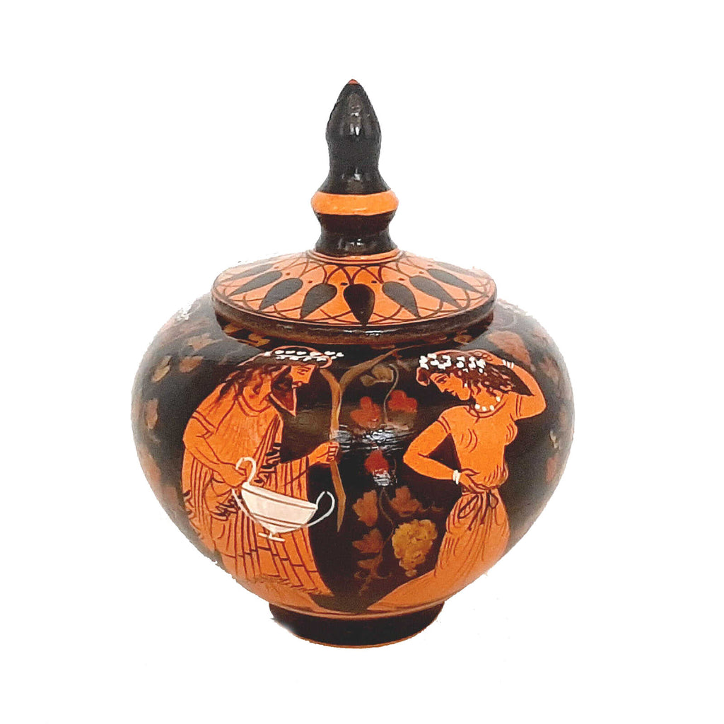 Red figure Pottery Pyxis 10cm Diameter,Gοd Dionysos and his thiasus - ifigeneiaceramics