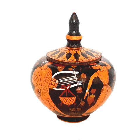 Red figure Pottery Pyxis 10cm Diameter,Gοd Dionysos and his thiasus - ifigeneiaceramics