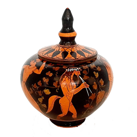 Red figure Pottery Pyxis 10cm Diameter,Gοd Dionysos and his thiasus - ifigeneiaceramics