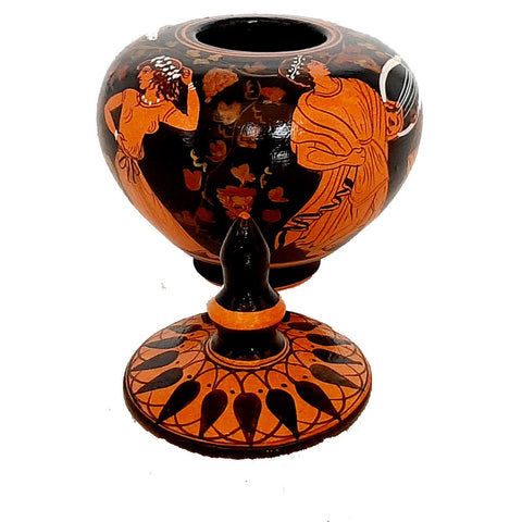 Red figure Pottery Pyxis 10cm Diameter,Gοd Dionysos and his thiasus - ifigeneiaceramics