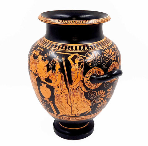 Red figure Stamnos 26cm,Shows God Dionysus with Maenad,Museum Replicas - ifigeneiaceramics