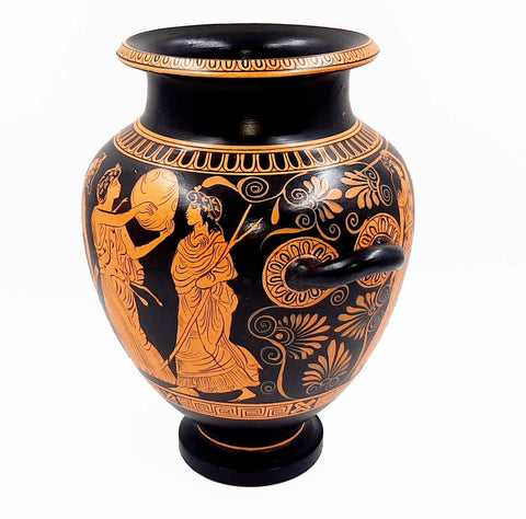 Red figure Stamnos 26cm,Shows God Dionysus with Maenad,Museum Replicas - ifigeneiaceramics