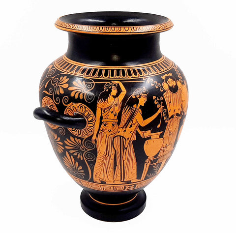 Red figure Stamnos 26cm,Shows God Dionysus with Maenad,Museum Replicas - ifigeneiaceramics