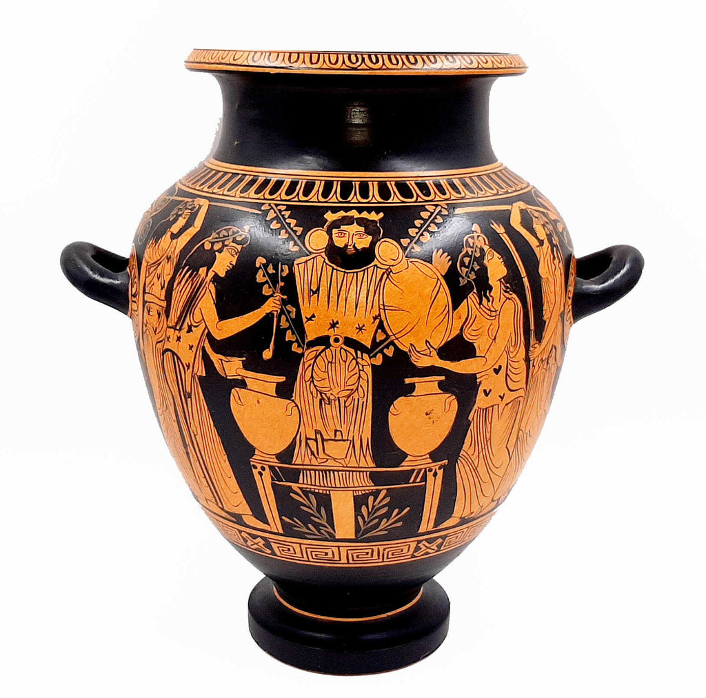Red figure Stamnos 26cm,Shows God Dionysus with Maenad,Museum Replicas - ifigeneiaceramics