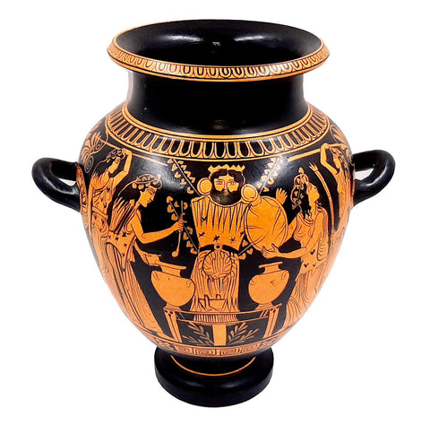 Red figure Stamnos 26cm,Shows God Dionysus with Maenad,Museum Replicas - ifigeneiaceramics