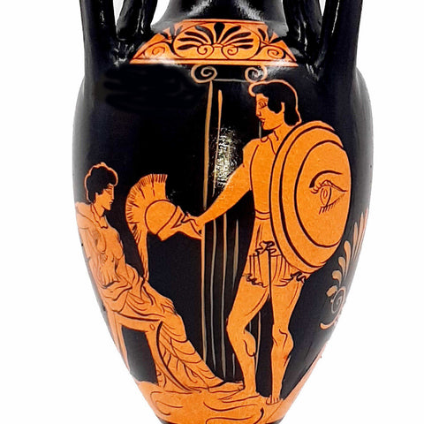 Red figure Vase Amphora with 3 handle 22cm,Warrior's Farewell - ifigeneiaceramics