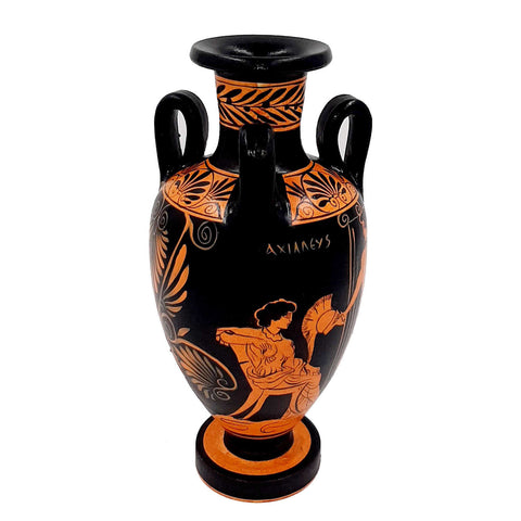 Red figure Vase Amphora with 3 handle 22cm,Warrior's Farewell - ifigeneiaceramics