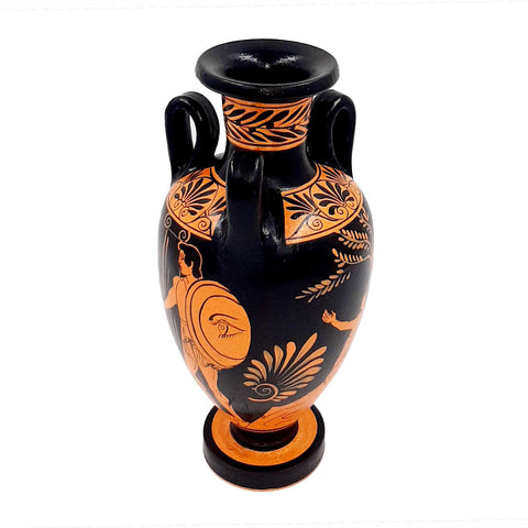 Red figure Vase Amphora with 3 handle 22cm,Warrior's Farewell - ifigeneiaceramics