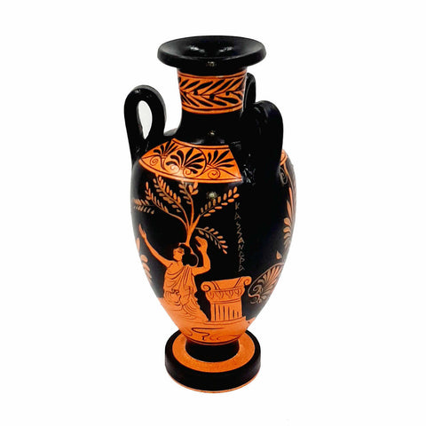 Red figure Vase Amphora with 3 handle 22cm,Warrior's Farewell - ifigeneiaceramics