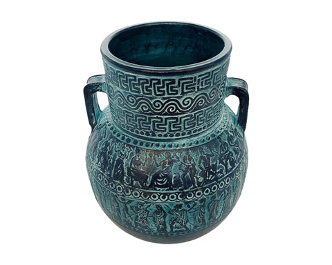Relief terracotta Amphora Vase 20cm,Green Patina,Ancient Greek Mythology Scenses