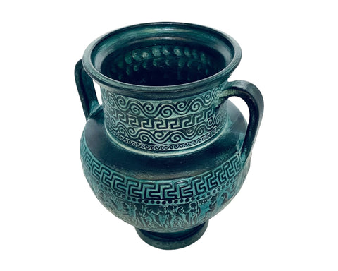 Relief terracotta Pottery Amphora 21cm,Green Patina,Ancient Greek Mythology Scenses