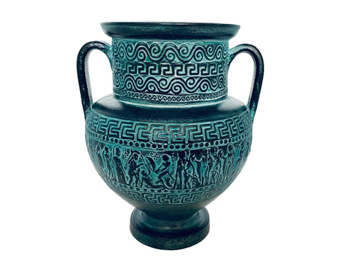 Relief terracotta Pottery Amphora 21cm,Green Patina,Ancient Greek Mythology Scenses