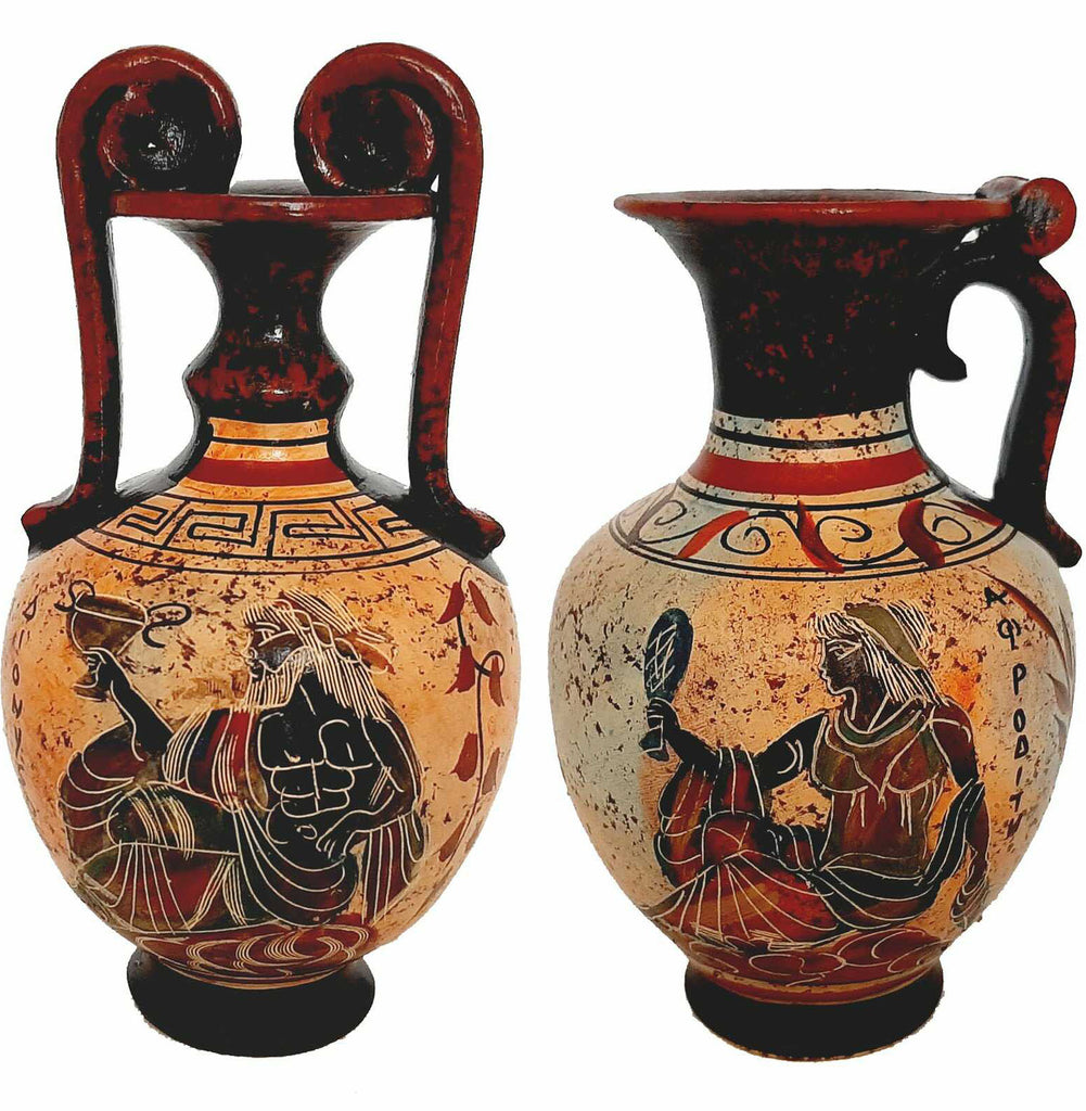 Set of 2 multicolor vases 13,5cm,Ancient  Greek Pottery,Shows God Dionysus and Goddess Aphrodite - ifigeneiaceramics