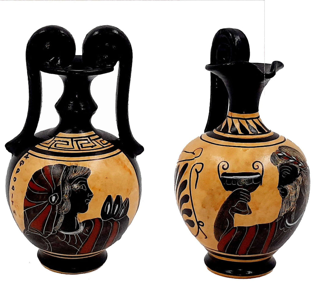 Set of 2 Black figure vases 13cm,Ancient  Greek Pottery,Shows God Dionysus and Goddess Aphrodite - ifigeneiaceramics