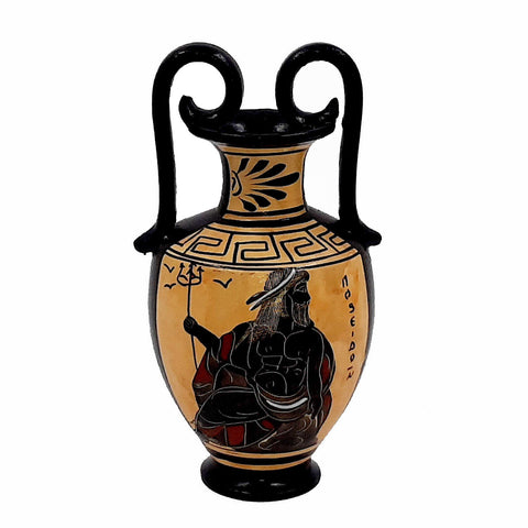 Set of 2 Black figure vases 13cm,Ancient  Greek Pottery,Shows God Poseidon and Goddess Athena - ifigeneiaceramics