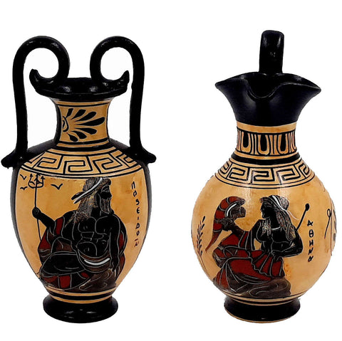 Set of 2 Black figure vases 13cm,Ancient  Greek Pottery,Shows God Poseidon and Goddess Athena - ifigeneiaceramics