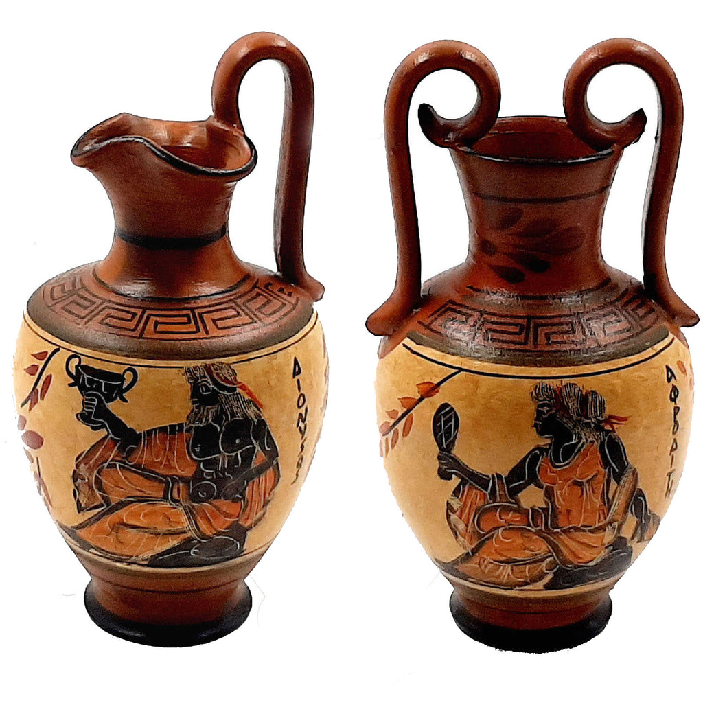 Set of 2 Greek Pottery Vases,Brown shades,God Dionysus and Goddess Aphrodite - ifigeneiaceramics