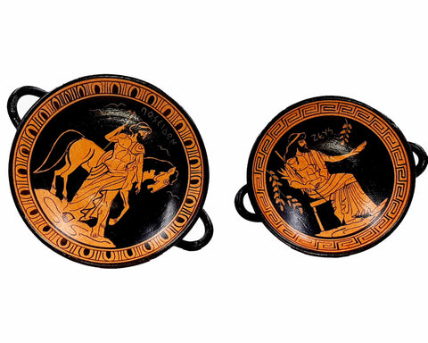Set of 2 Red Figure Kylix 13,5cm and 11,5cm,Shows God Poseidon and God Zeus
