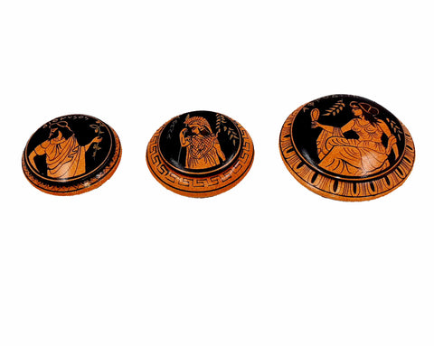 Set of 3 Ancient Greek Pyxis,Red Figure Pottery,Showing 3 Olympian Gods