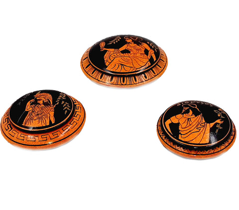 Set of 3 Ancient Greek Pyxis,Red Figure Pottery,Showing 3 Olympian Gods