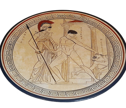 Theseus versus Minotaur and Goddess Athena,Attic white plate 23cm