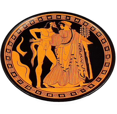 Greek Plate 24cm,Red Figure Pottery,showing Satyr & Maenad - ifigeneiaceramics
