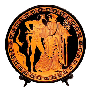 Greek Plate 24cm,Red Figure Pottery,showing Satyr & Maenad - ifigeneiaceramics