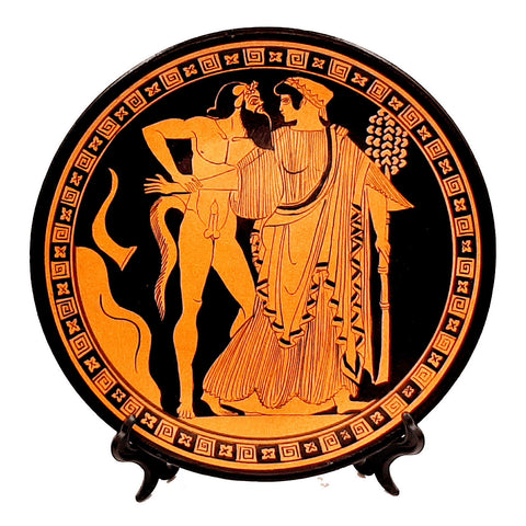 Greek Plate 24cm,Red Figure Pottery,showing Satyr & Maenad - ifigeneiaceramics