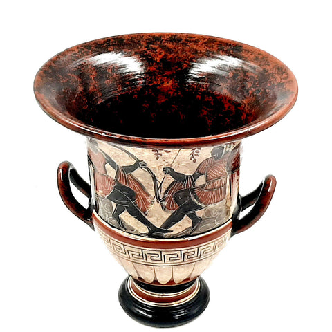 Ancient Greek Pottery,Krater 21cm showing Goddess Artemis with Achilles and God Dionysus