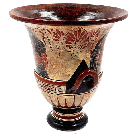 Ancient Greek Pottery,Krater 21cm showing Goddess Artemis with Achilles and God Dionysus