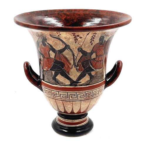 Ancient Greek Pottery,Krater 21cm showing Goddess Artemis with Achilles and God Dionysus