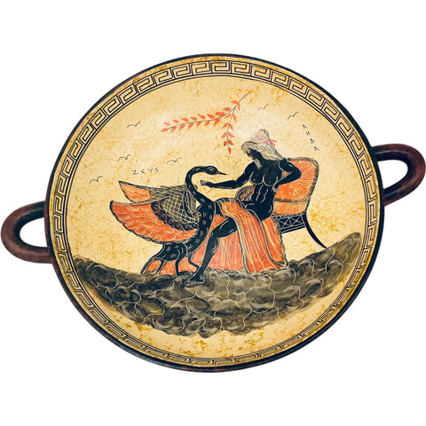 Ancient Greek Pottery, Kylix 26cm ,God Zeus as swan seduces Leda - ifigeneiaceramics