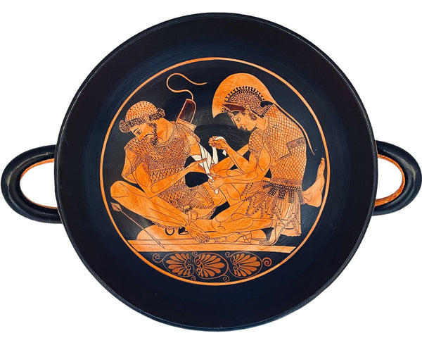 Poterie à figures rouges Kylix 35 cm de diamètre, montre Achille lie Patrocle, répliques de musée