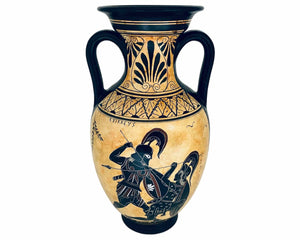 Black figure pottery Amphora 31cm,Iliad battle scene over Patroclus body