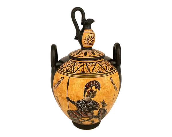 Black figure pottery Canister 20cm with lid, Go Ares with Aphrodite