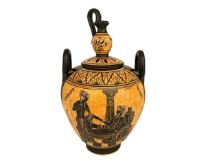 Black figure pottery Canister 20cm with lid, Go Ares with Aphrodite