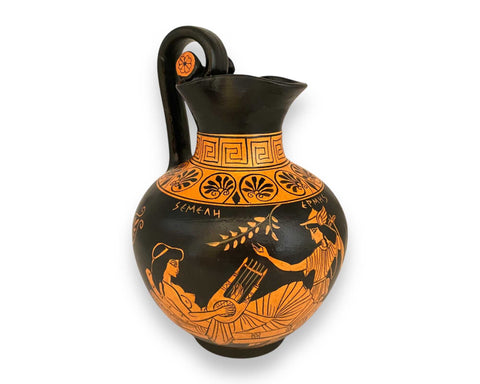 God Dionysus,Hermes with Semele,Greek Rhodian Oinochoe 24cm,Red figure pottery